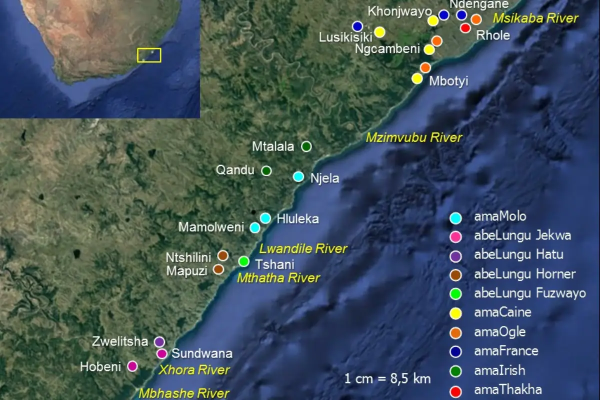 Colour-coded map of Wild Coast Eastern Cape showing clan territories descended from European shipwreck survivors in Pondoland