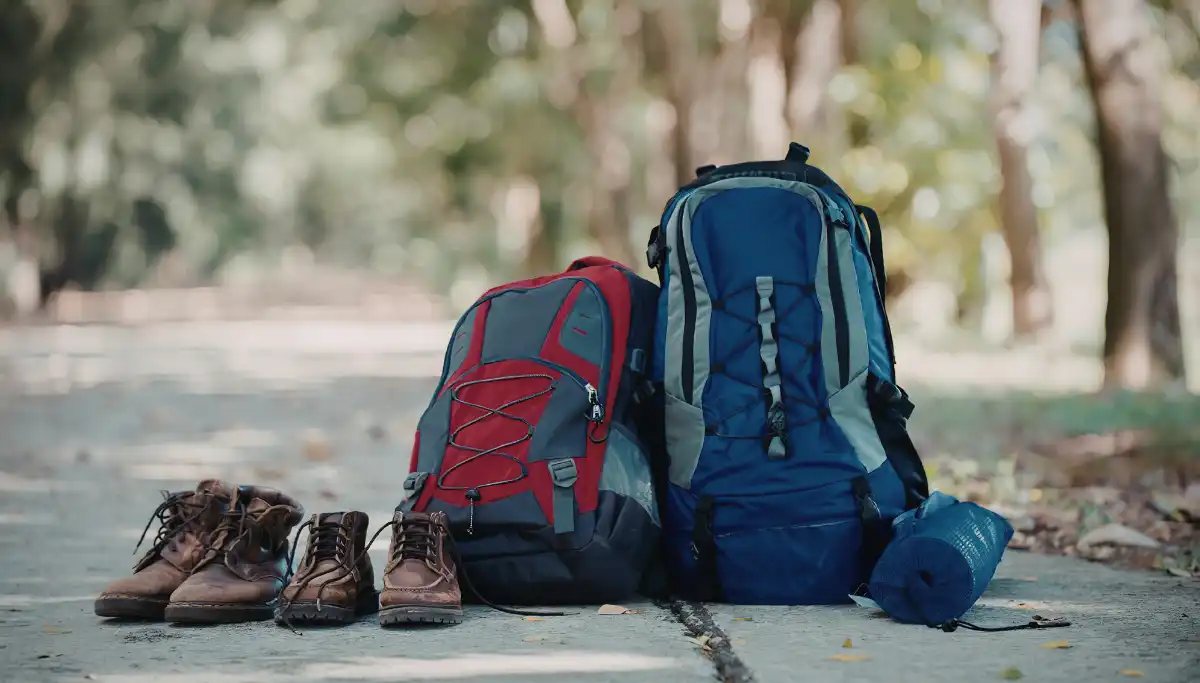 Red and blue hiking backpacks with leather boots laid out ready for a multi-day hike in South Africa