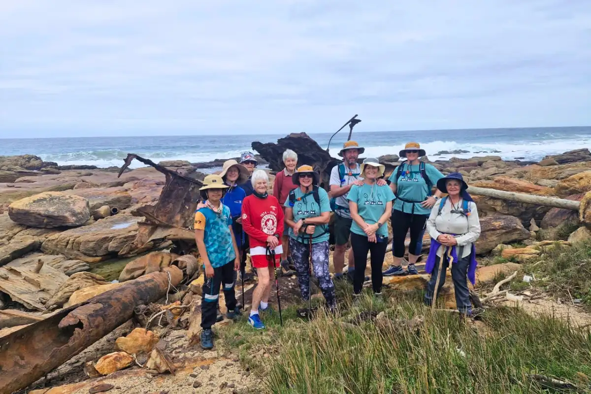 Mtentu Ramble hiking group gathered beside the wreck of the Weolmi 303, a North Korean tuna trawler wrecked off Mkambati in 1964