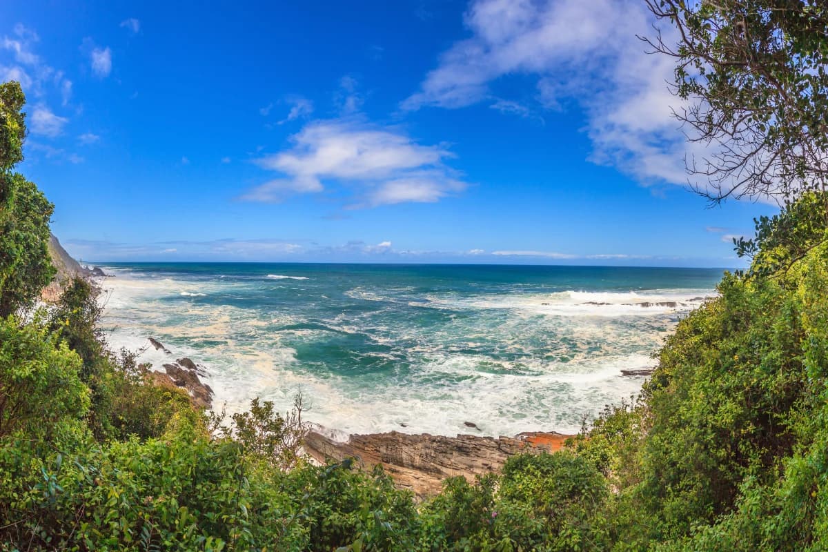 Rocky, forest-fringed cove on South Africa's Garden Route coastline, with turquoise waves breaking over sandstone rocks