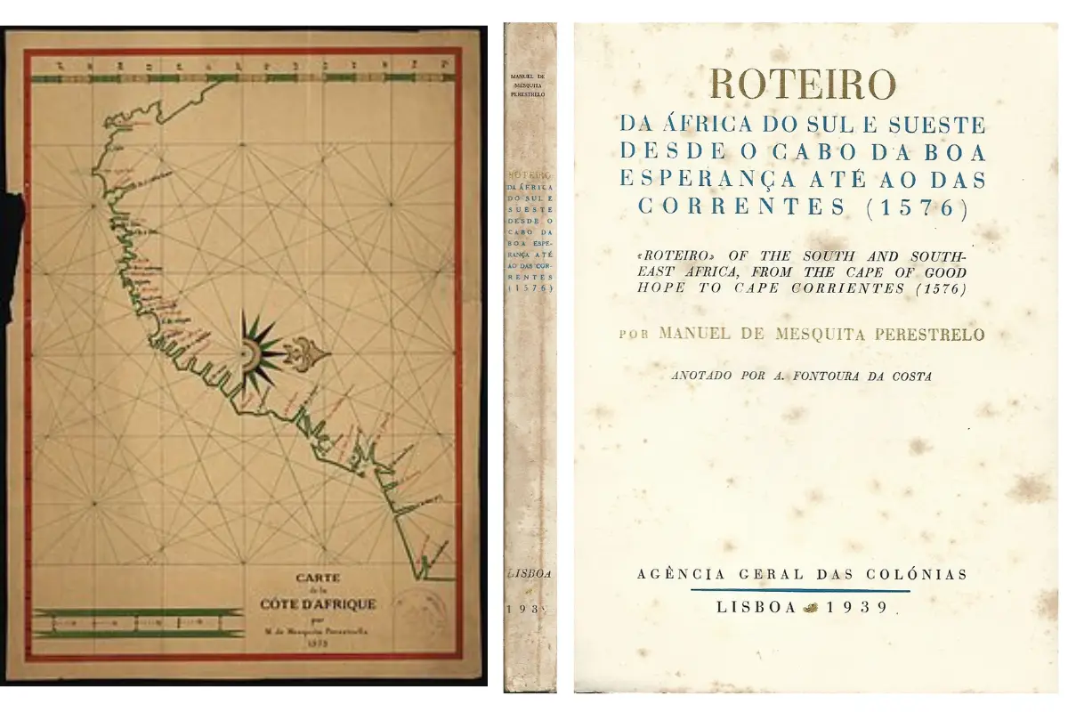 Portuguese Roteiro navigation book by Manuel de Mesquita Perestrello beside a hand-drawn map of Africa's southern coastline