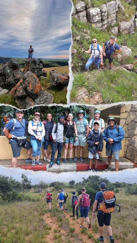 Collage of Mtentu Ramble hiking groups on rocky Wild Coast trails and coastal grasslands South Africa