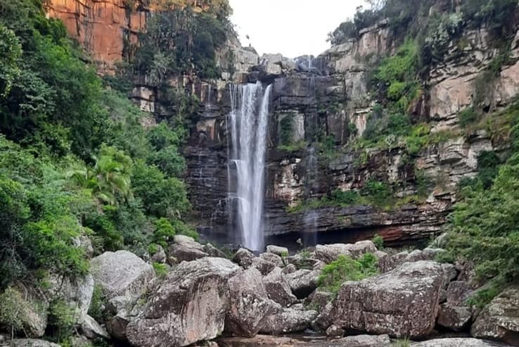 Pushengunwe Falls dropping through a sandstone gorge into a rocky plunge pool on the Wild Coast Pondoland