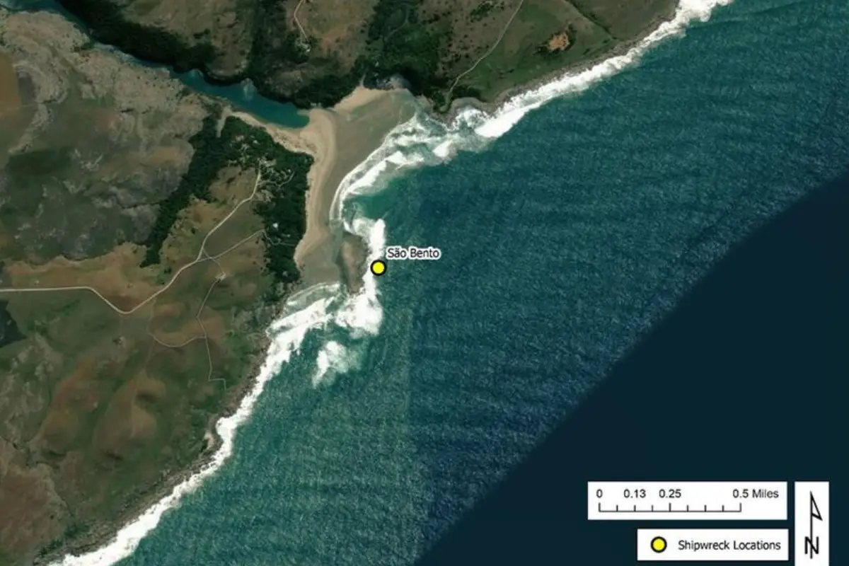 Satellite map marking the exact Wild Coast location where the São Bento Portuguese galleon ran aground in 1554