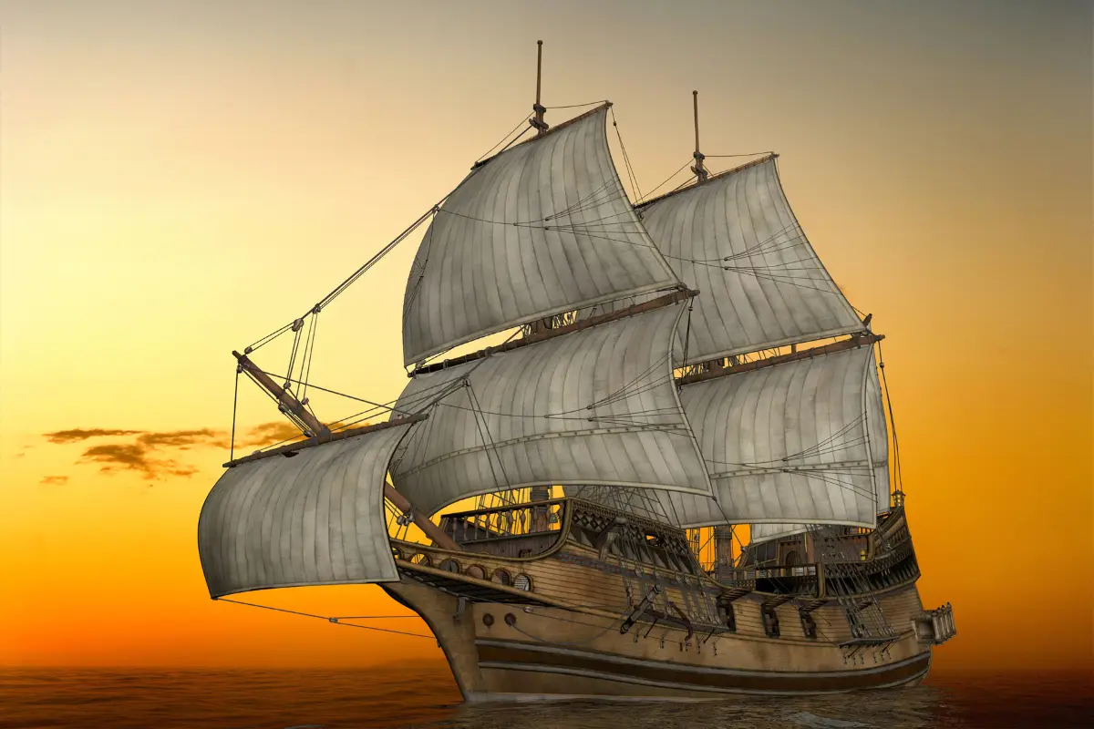Historic tall sailing ship with full white sails gliding at golden sunset, evoking Portuguese carracks lost on the Wild Coast route to India