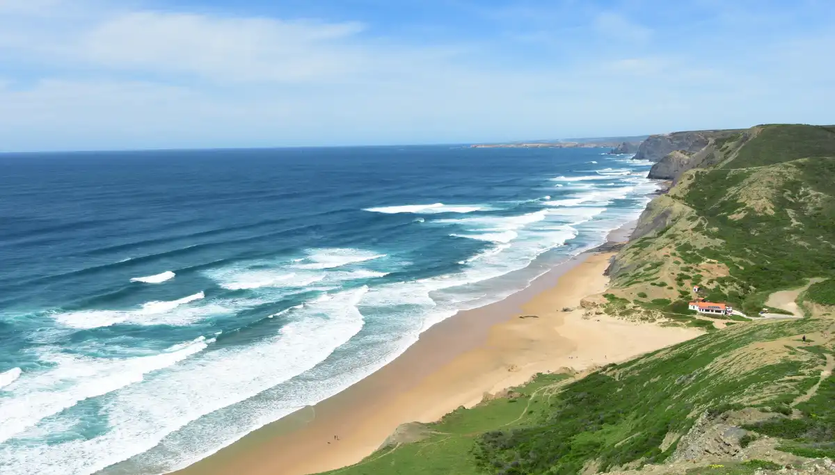Aerial view of a sweeping Wild Coast bay with golden sand, rolling surf and green coastal headlands, South Africa