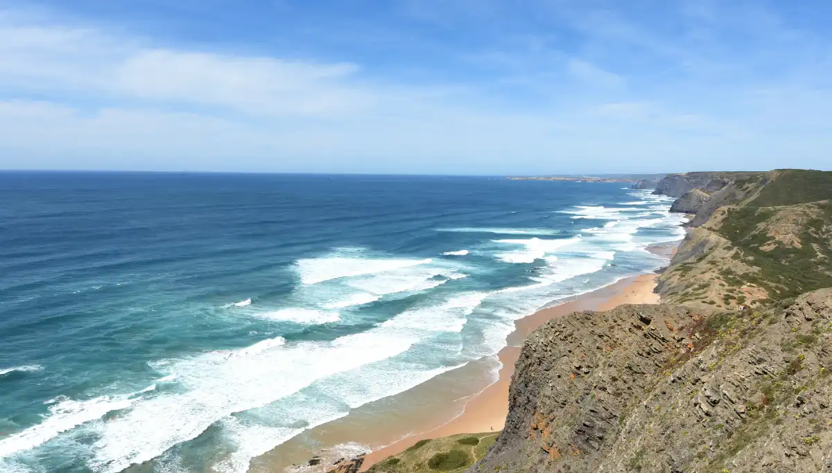 Clifftop view of the Wild Coast stretching into the distance, with golden sandy beach, crashing Indian Ocean surf and rugged green cliffs, South Africa